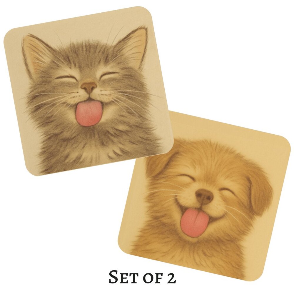 Kitty Cat & Puppy Dog Licks - Neoprene Rubber 4" Coasters for Pet Lovers 2 Set